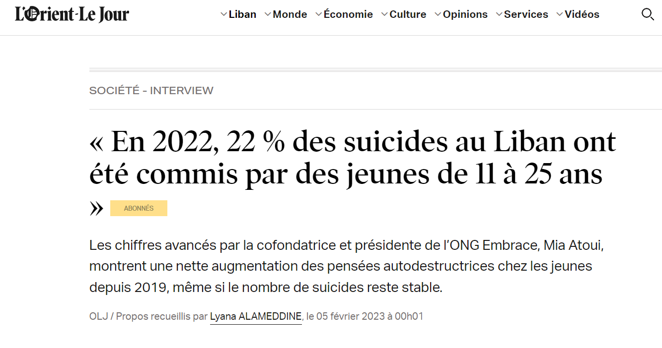 « En 2022, 22 % des suicides au Liban ont été commis par des jeunes de 11 à 25 ans »